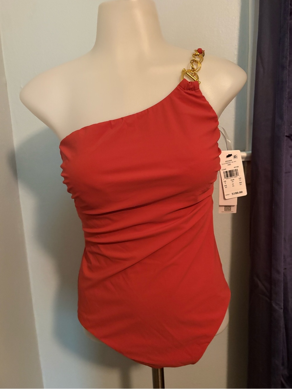 Asymmetrical Red One-Shoulder Swimsuit with Gold Chain Strap